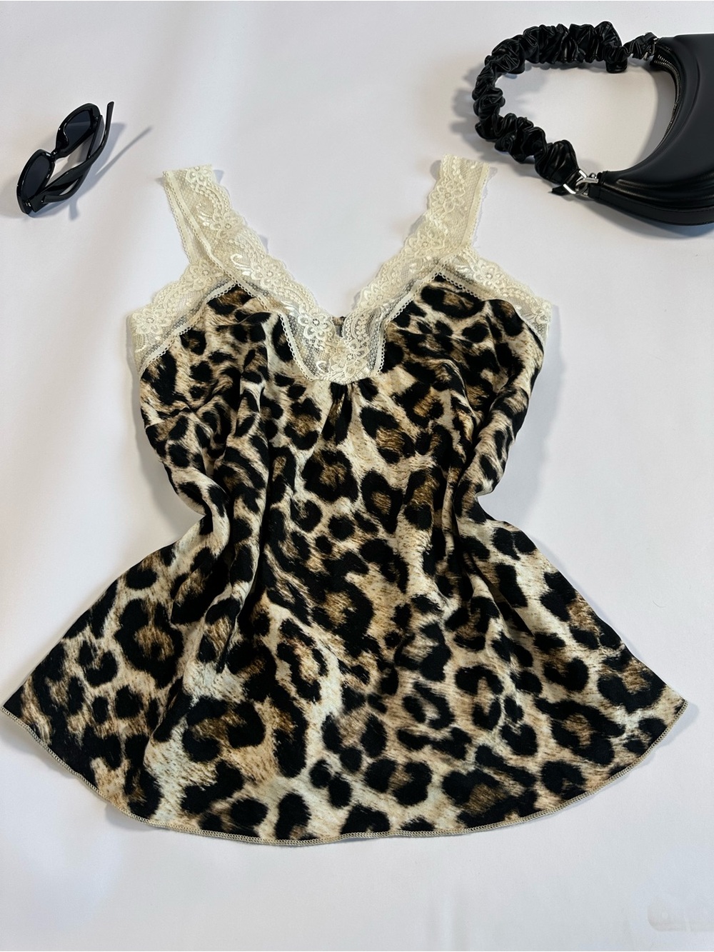 Leopard Print Lace-Trim Camisole in Beige/Black